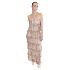 Neiman Marcus Pastel Yellow/Dusty Rose Ruffled Lace Gown with Rhinestones