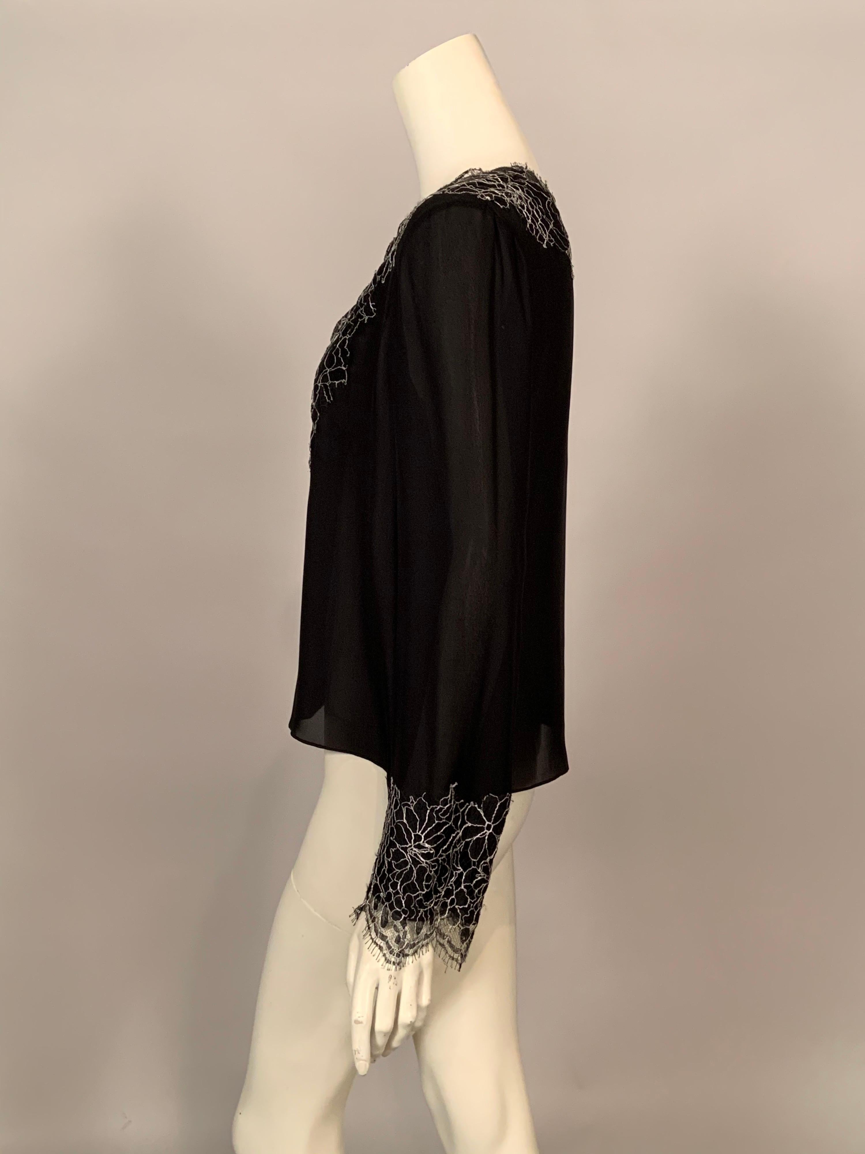 Neiman Marcus Silk Chiffon Blouse Black and White Spider Web Lace Never Worn  In New Condition For Sale In New Hope, PA