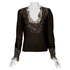 Neiman Marcus Silk Chiffon Blouse Black and White Spider Web Lace Never Worn