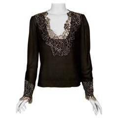 Neiman Marcus Silk Chiffon Blouse Black and White Spider Web Lace Never Worn 