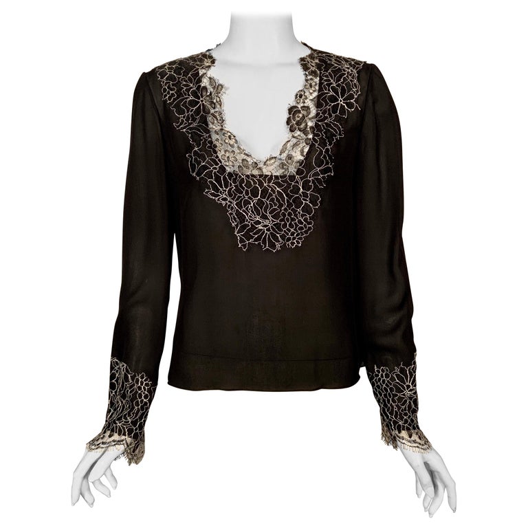 Neiman Marcus Silk Chiffon Blouse Black and White Spider Web Lace Never
