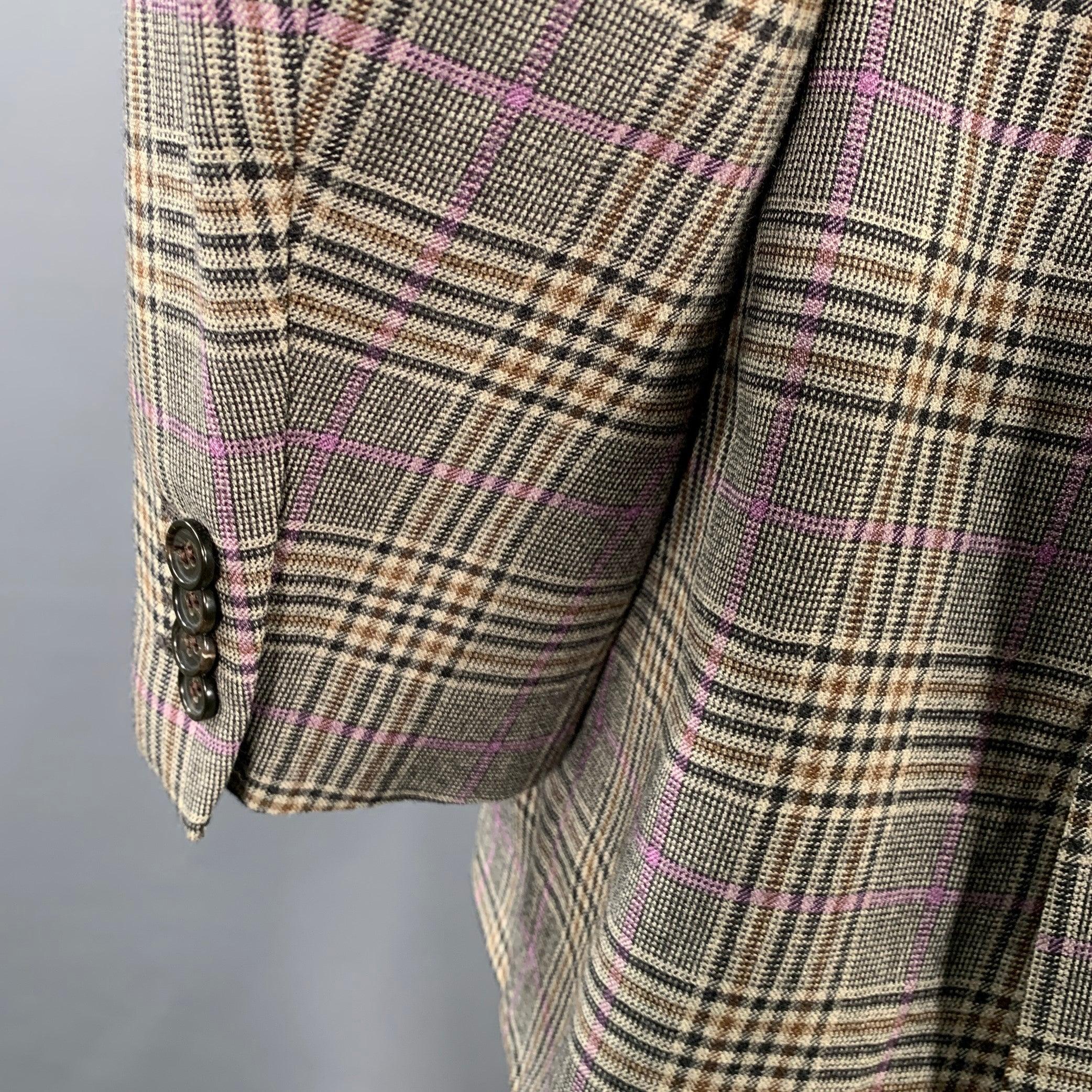 NEIMAN MARCUS Size 46 Regular Grey Brown Purple Plaid Wool Sport Coat For Sale 1