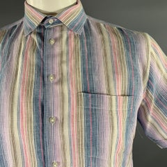 NEIMAN MARCUS Size L Blue Pink Purple Stripe Linen Short Sleeve Shirt