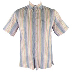 NEIMAN MARCUS Size L Blue Pink Purple Stripe Linen Short Sleeve Shirt