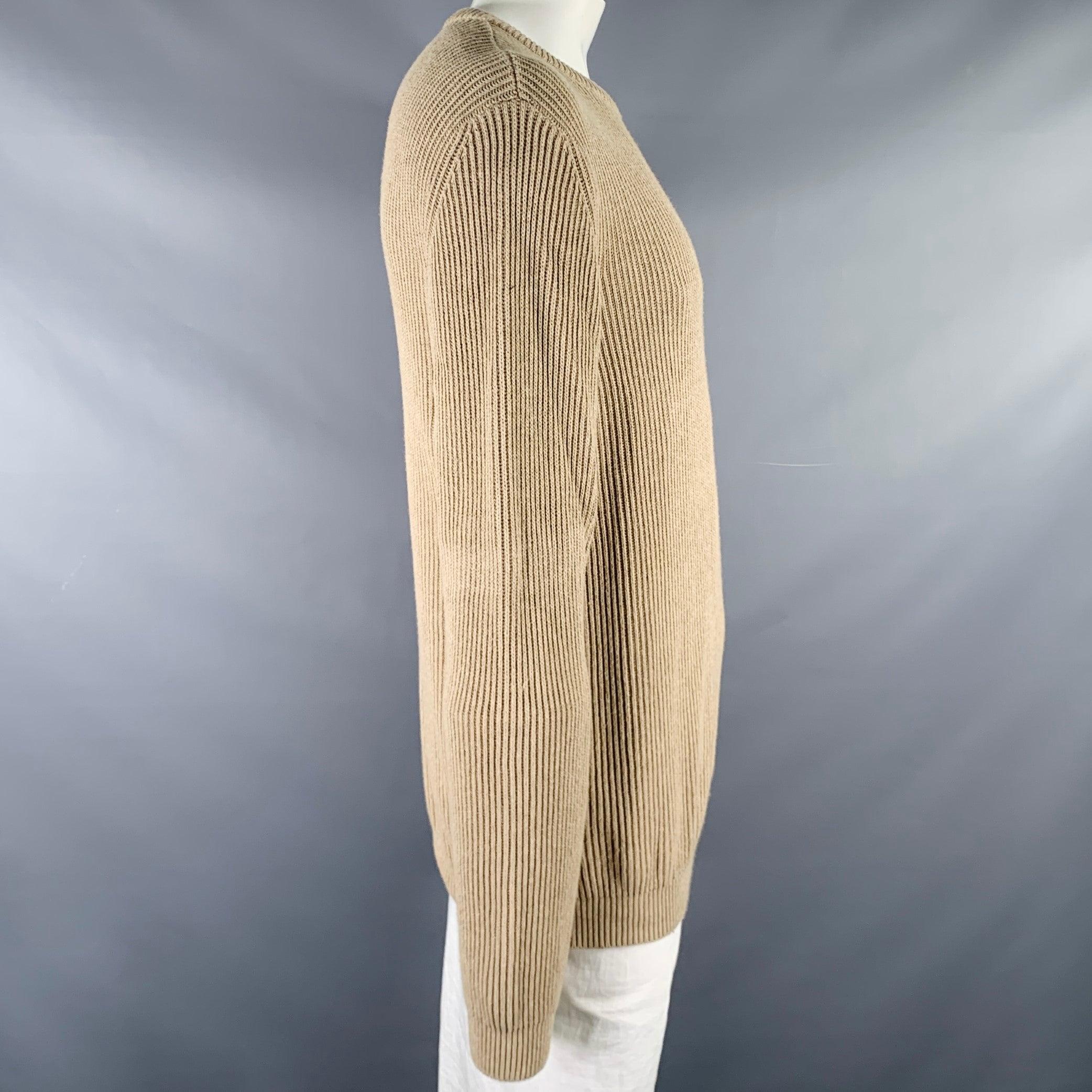NEIMAN MARCUS sweater
in a beige cotton knit featuring a rib knit design, and crew neck. Made in Italy.Excellent Pre-Owned Condition. 

Marked:   XL 

Measurements: 
 
Shoulder: 19 inches Chest: 46 inches Sleeve: 30 inches Length: 31 inches 
  
  
