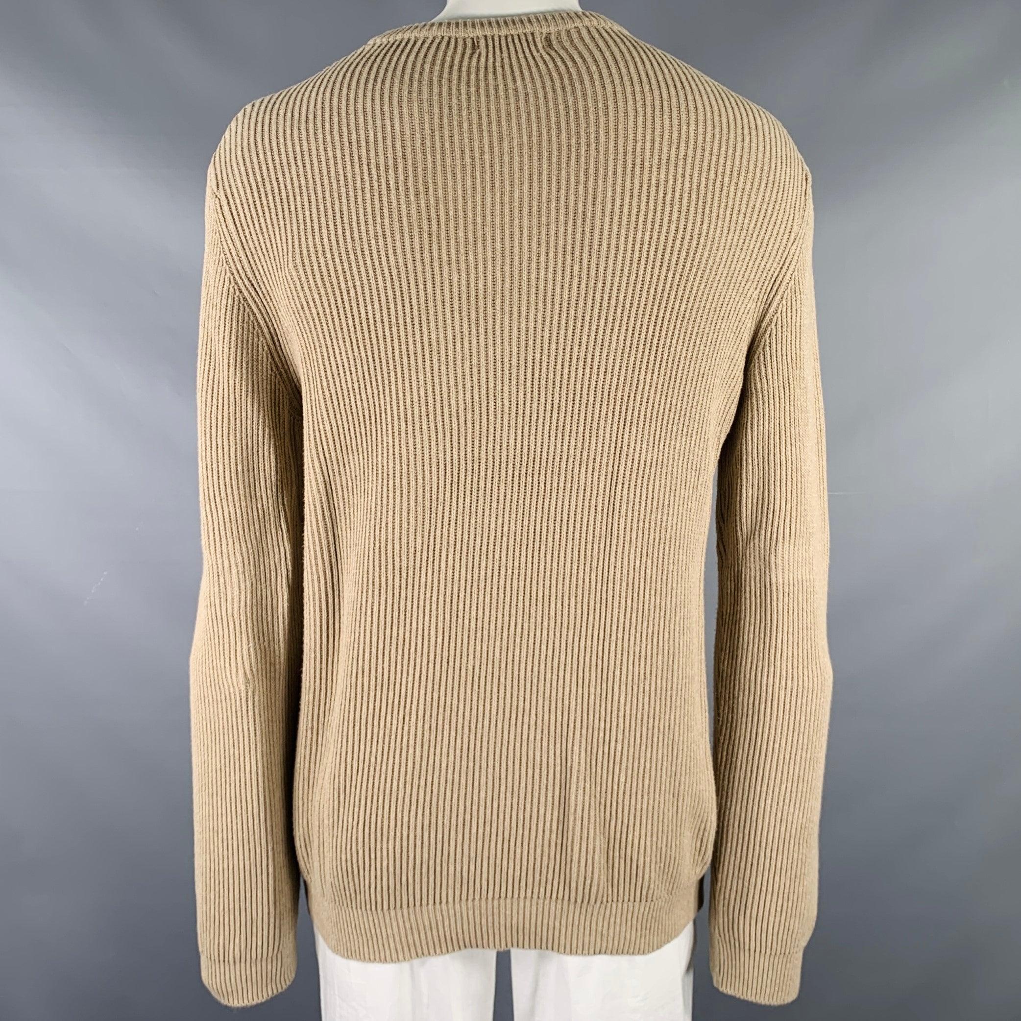 NEIMAN MARCUS Size XL Beige Knit Cotton Crew Neck Sweater In Excellent Condition For Sale In San Francisco, CA