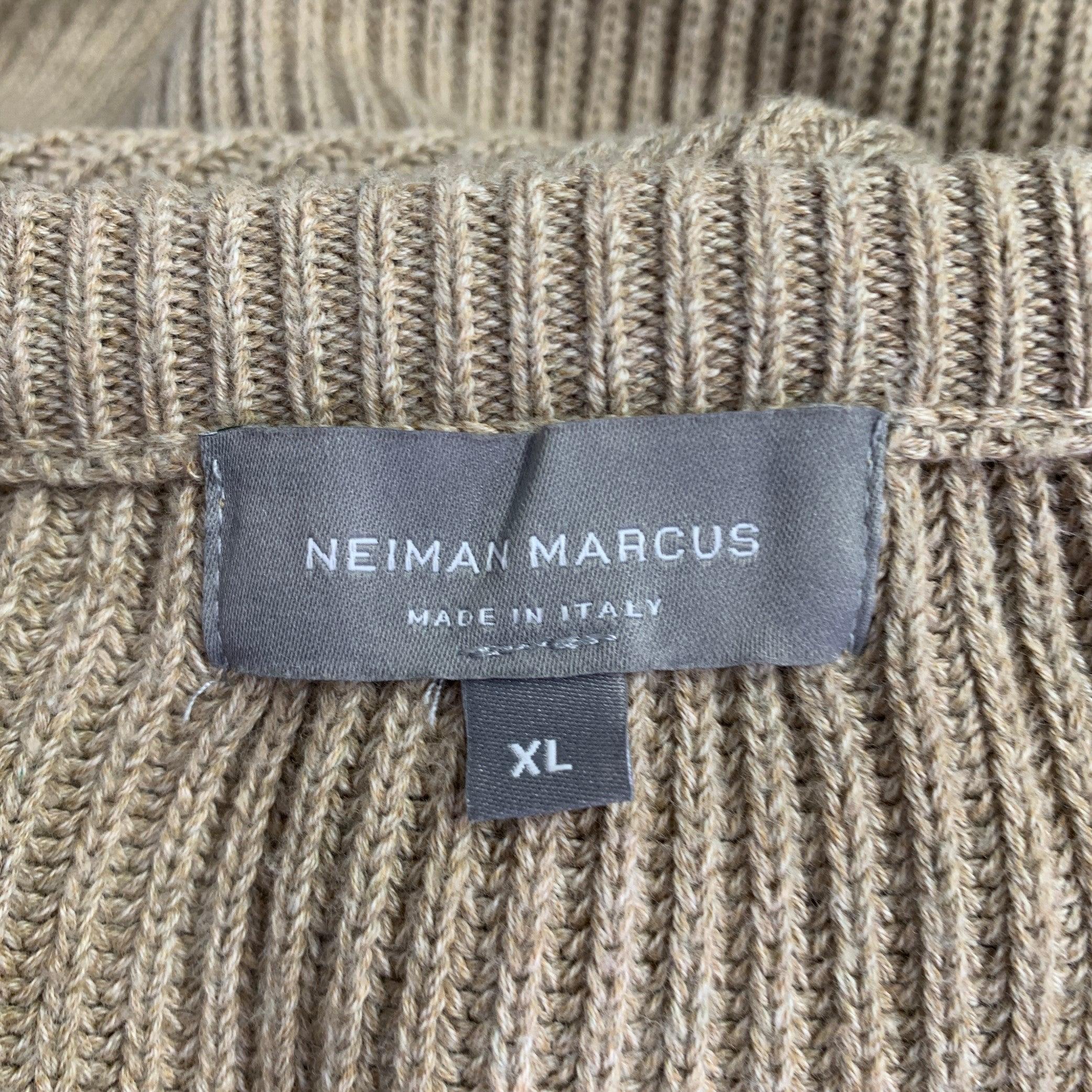 Men's NEIMAN MARCUS Size XL Beige Knit Cotton Crew Neck Sweater For Sale