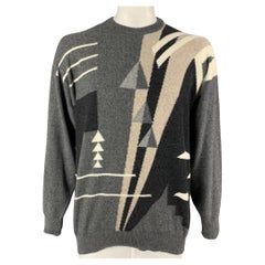NEIMAN MARCUS Size XL Grey Black Beige Geometric Cashmere Crew-Neck Sweater