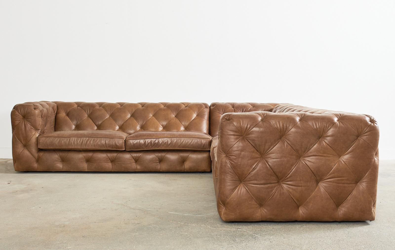 American Neiman-Marcus Three Piece Tufted Leather Sectional Sofa