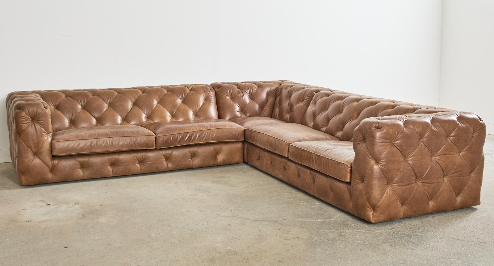 Hand-Crafted Neiman-Marcus Three Piece Tufted Leather Sectional Sofa