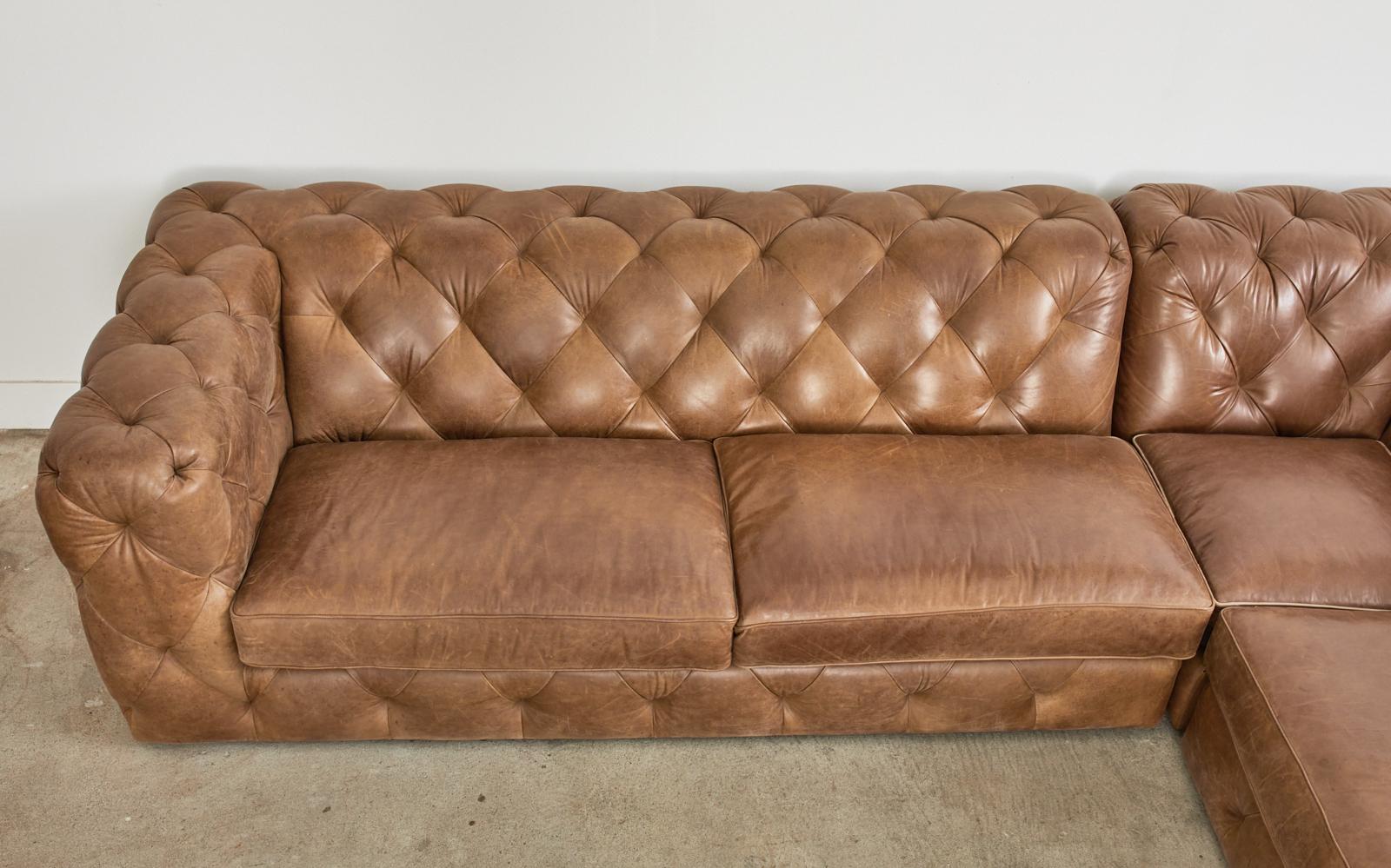 Neiman-Marcus Three Piece Tufted Leather Sectional Sofa In Good Condition In Rio Vista, CA
