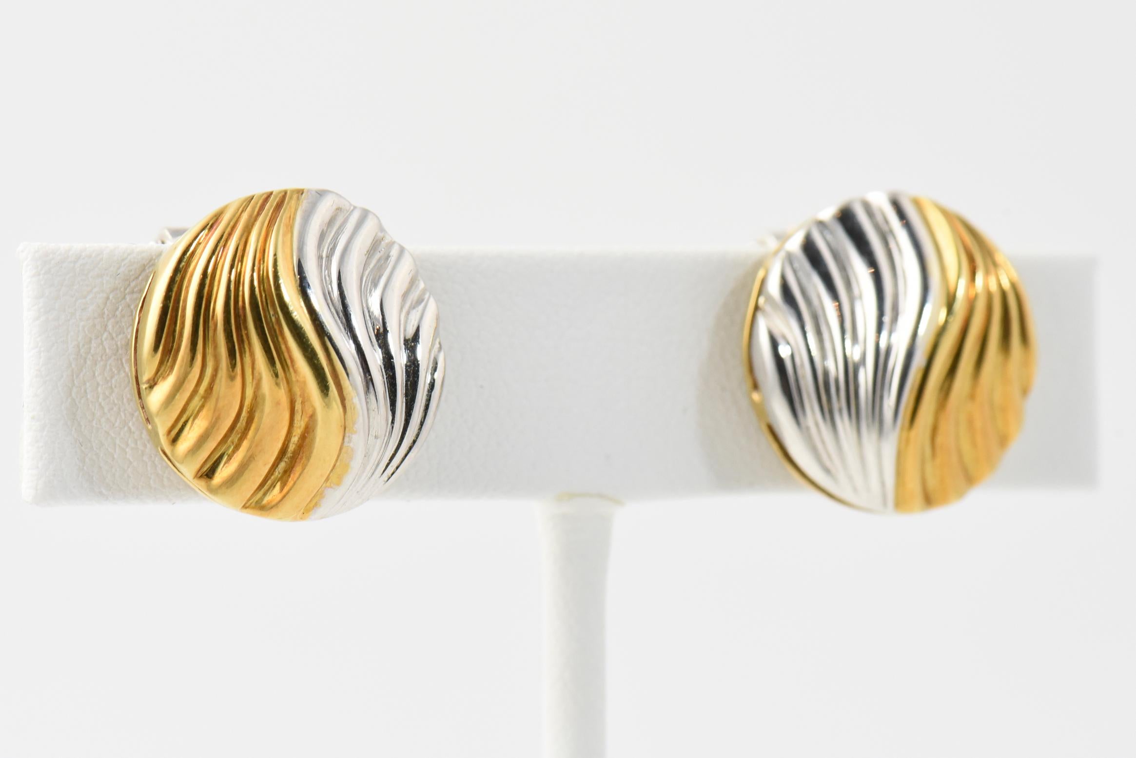 Women's Neiman Marcus Two-Tone White and Yellow Gold Circular Wave Clip on Earrings