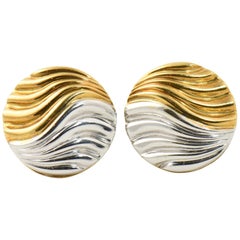 Vintage Neiman Marcus Two-Tone White and Yellow Gold Circular Wave Clip on Earrings