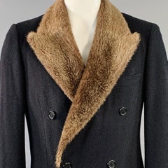 NEIMAN MARCUS Vintage Size L Black Taupe Wool Fur Peak Lapel Double Breasted Coat