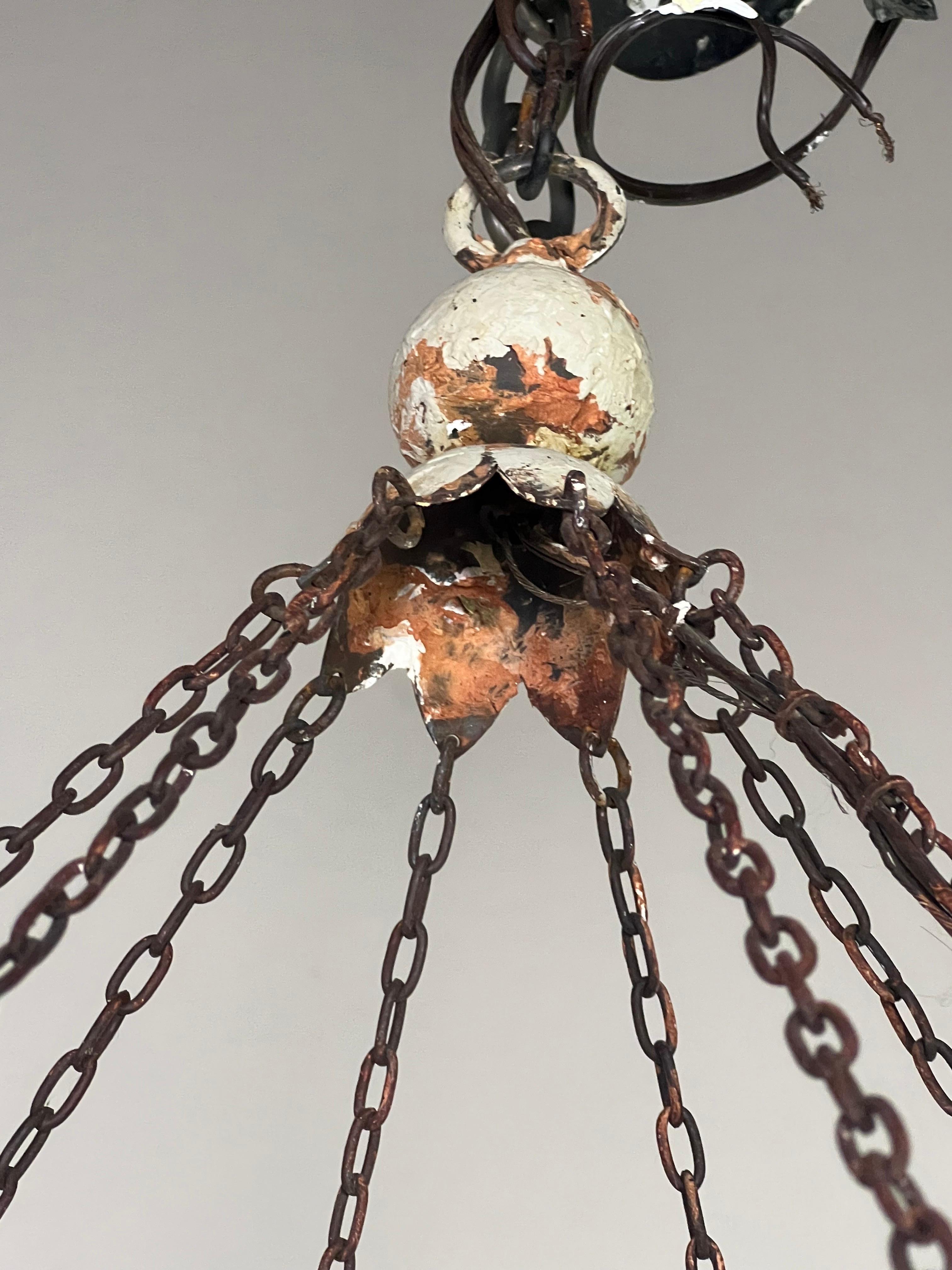 Neimann Weeks Iron & Wood Scrolled Chandelier In Distressed Condition In Los Angeles, CA