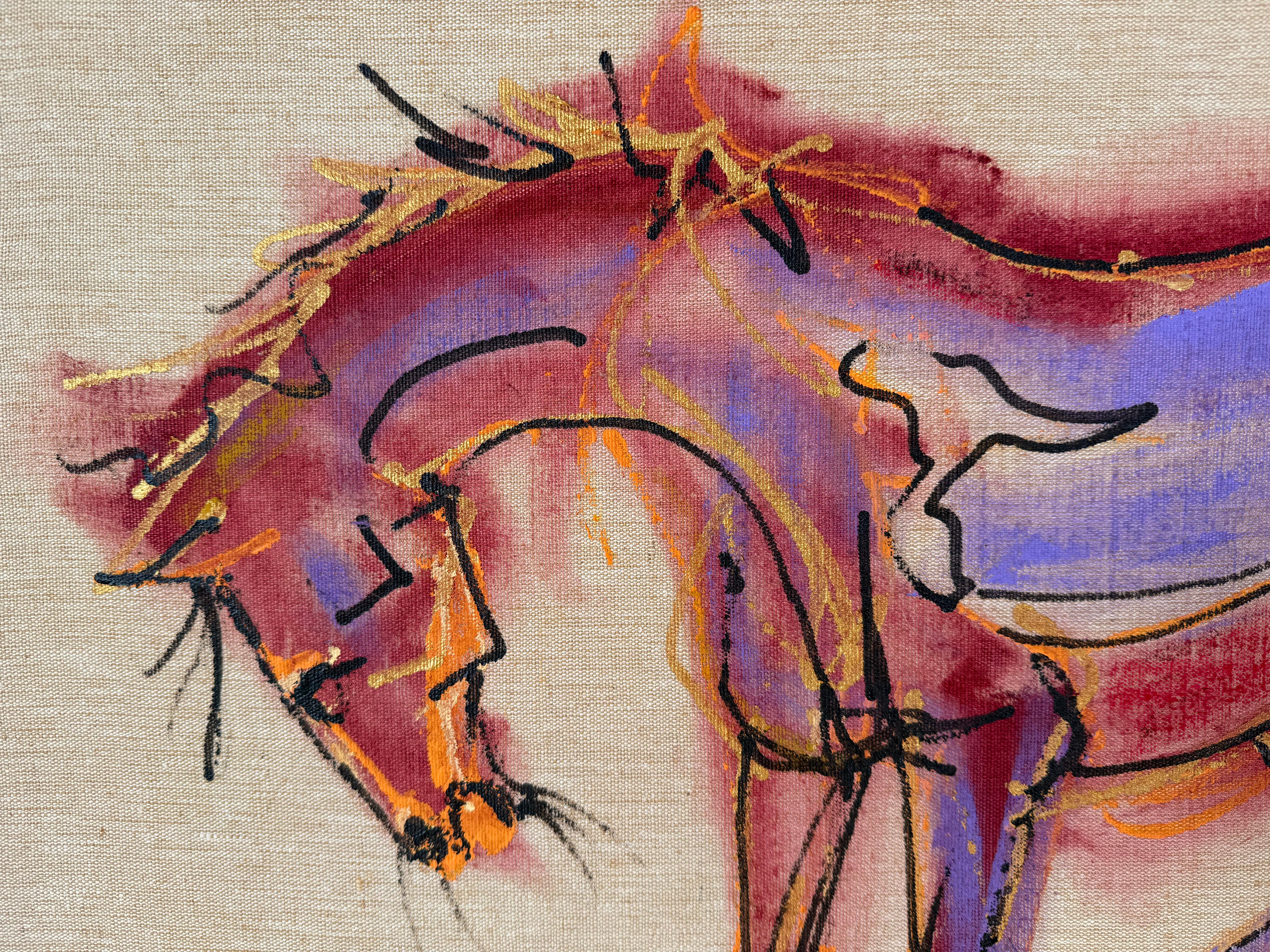 Ecco un'opera originale, vivace e riccamente dipinta, raffigurante un cavallo, realizzata dalla nota artista americana Neith Nevelson. Firmato in basso a destra e datato 2000.  Le condizioni sono eccellenti. Pittura acrilica su lino belga con