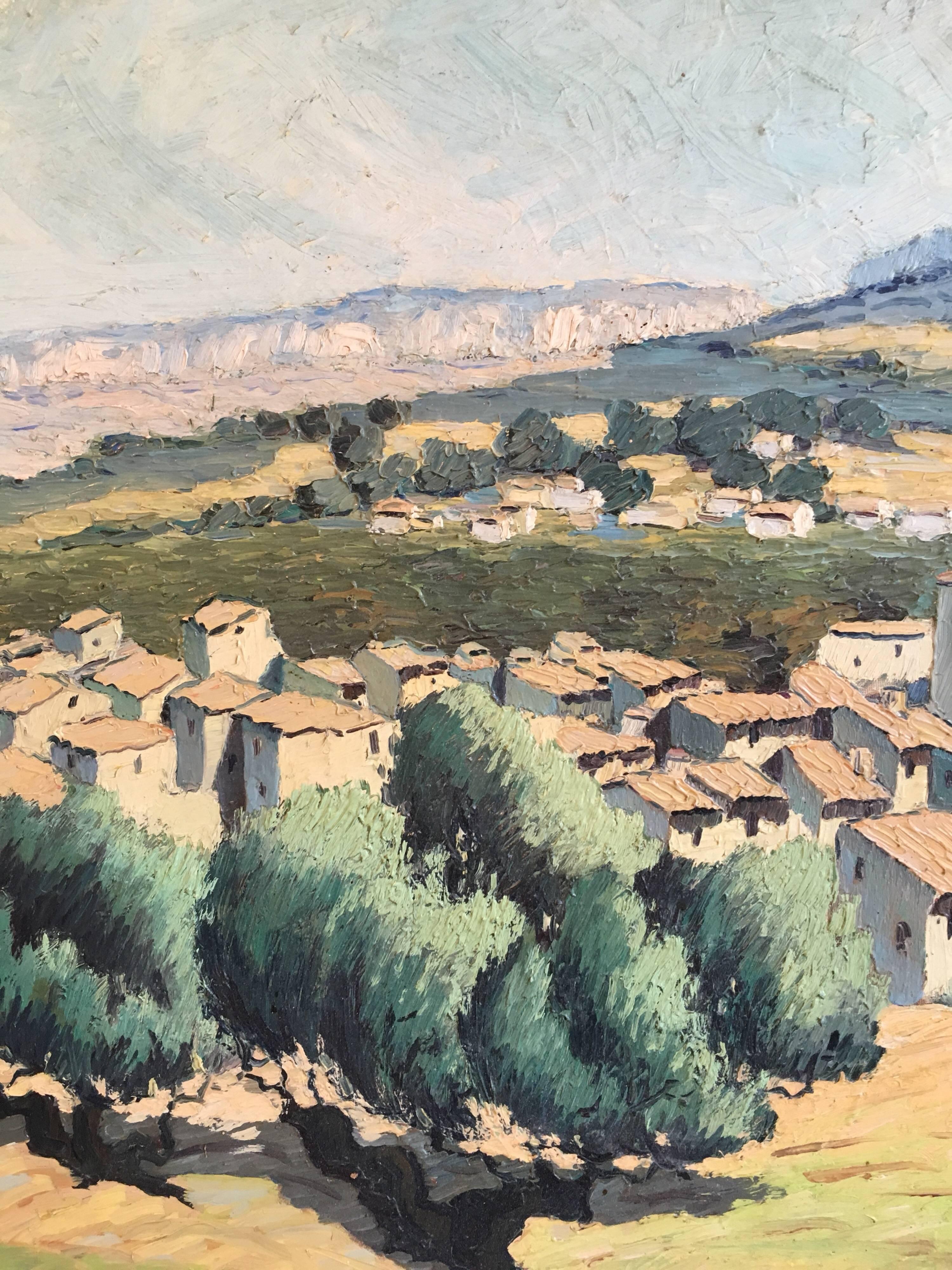 Paysage impressionniste de Provence, peinture à l'huile - Marron Still-Life Painting par Nel Gautier