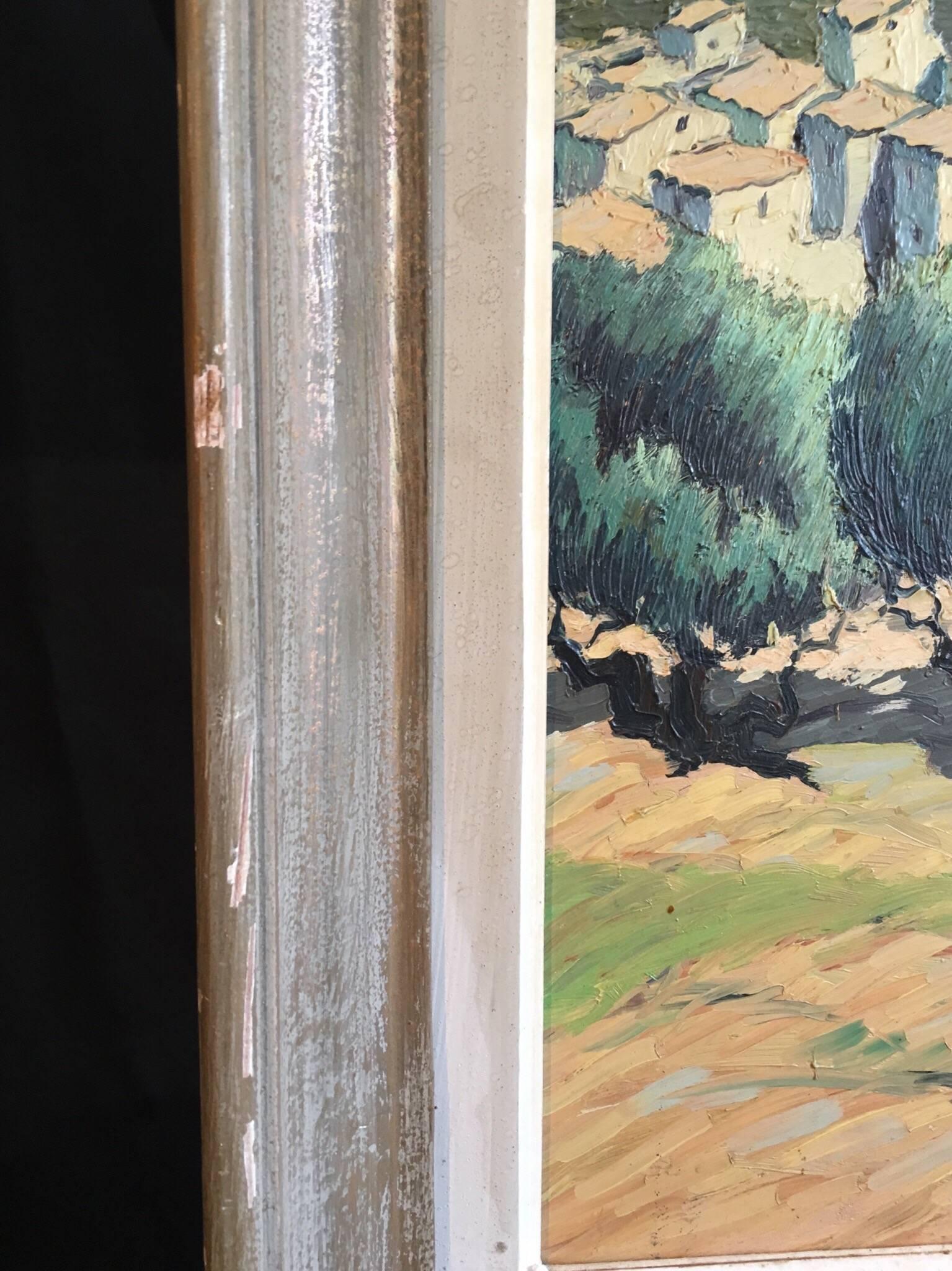 Paysage impressionniste de Provence, peinture à l'huile 
Par l'artiste française Nel Gautier, 20e siècle
Signé par l'artiste dans le coin inférieur droit.
Peinture à l'huile sur toile, encadrée
Taille du cadre : 22.5 x 26.5 pouces

Un paysage