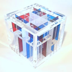 Red, Blue & White (Homage Bonies) - contemporary modern abstract cube sculpture