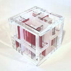 System Red-Grey - contemporary modern abstract geometric cube sculpture