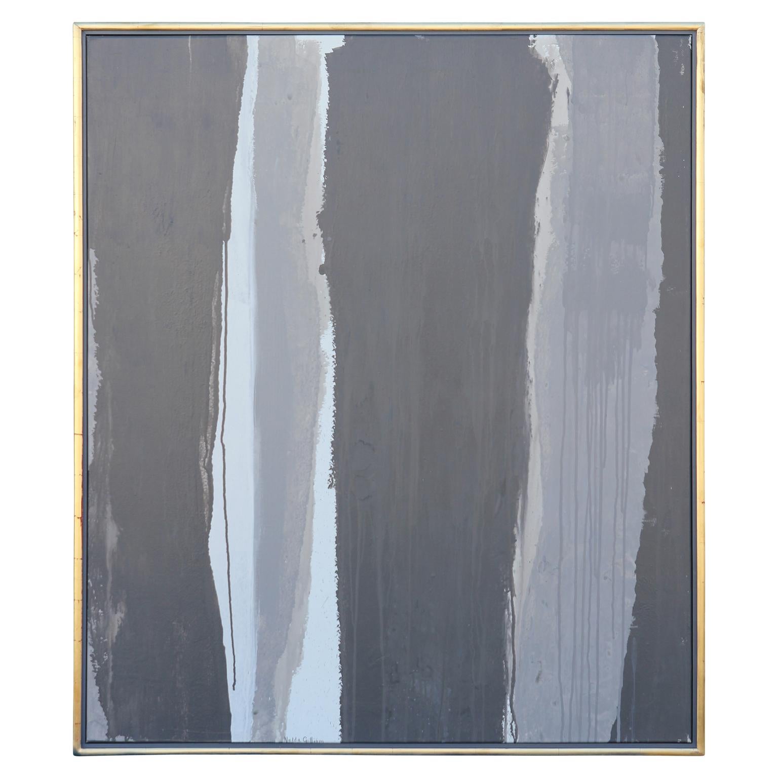 Minimal linear abstract painting in a contemporary style. The work is signed and dated by the artist in the bottom corner and on the back of the canvas. The piece is framed in a gold leaf frame.
Dimensions without Frame: H 47 in x W 39 in x D 1 in.