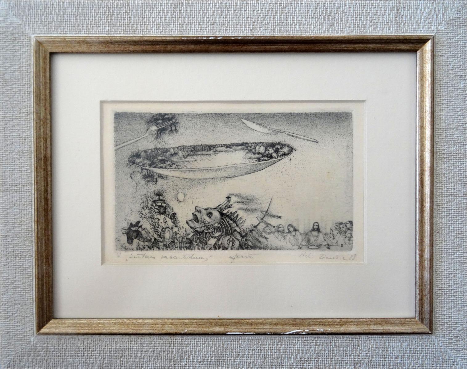 Dîner  1988, papier, gravure, 9x14 cm - Symbolisme Mixed Media Art par Nele Zirnite