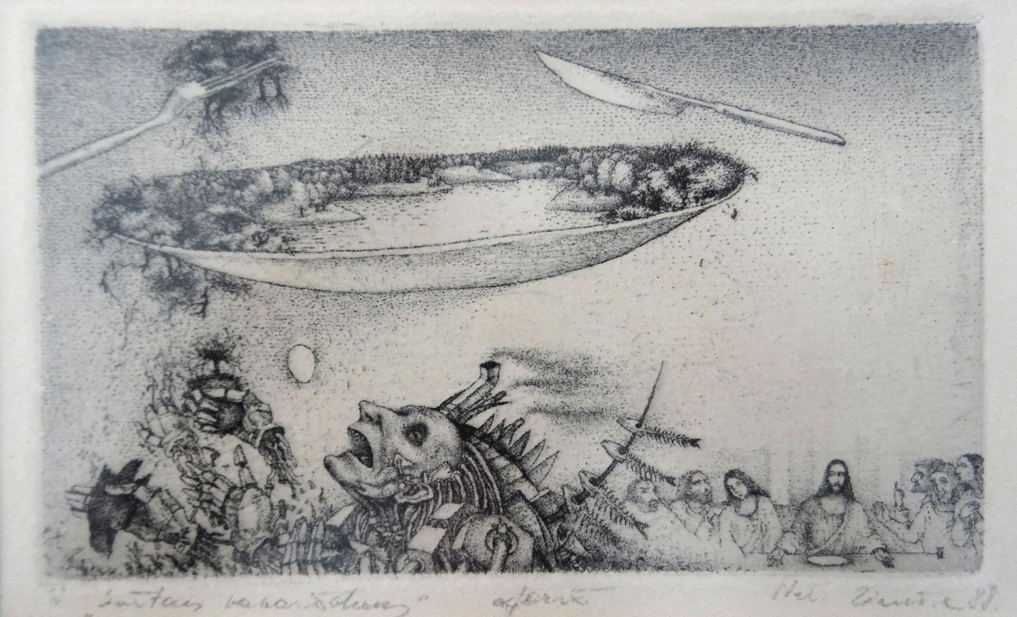 Dîner  1988, papier, gravure, 9x14 cm