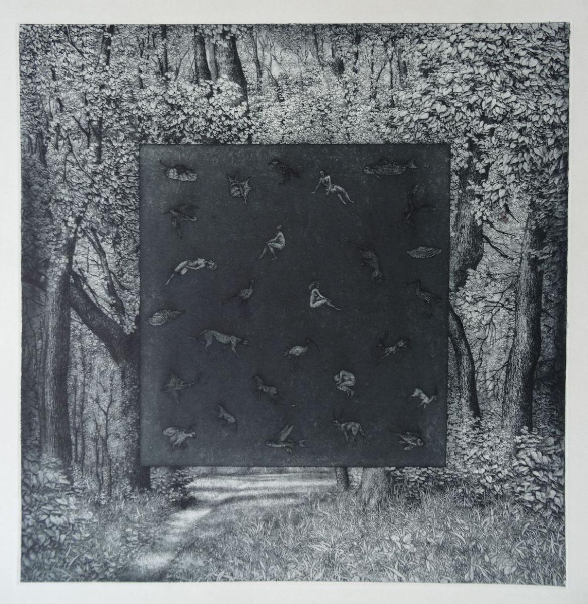 Greene & Greene. Papier, eau-forte, aquatinte, 43x42 cm - Mixed Media Art de Nele Zirnite