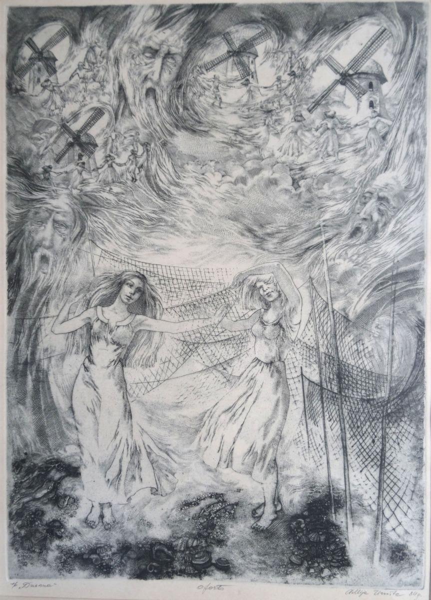 Song. 1984,  Paper, etching, 38x58 cm - Mixed Media Art by Nele Zirnite