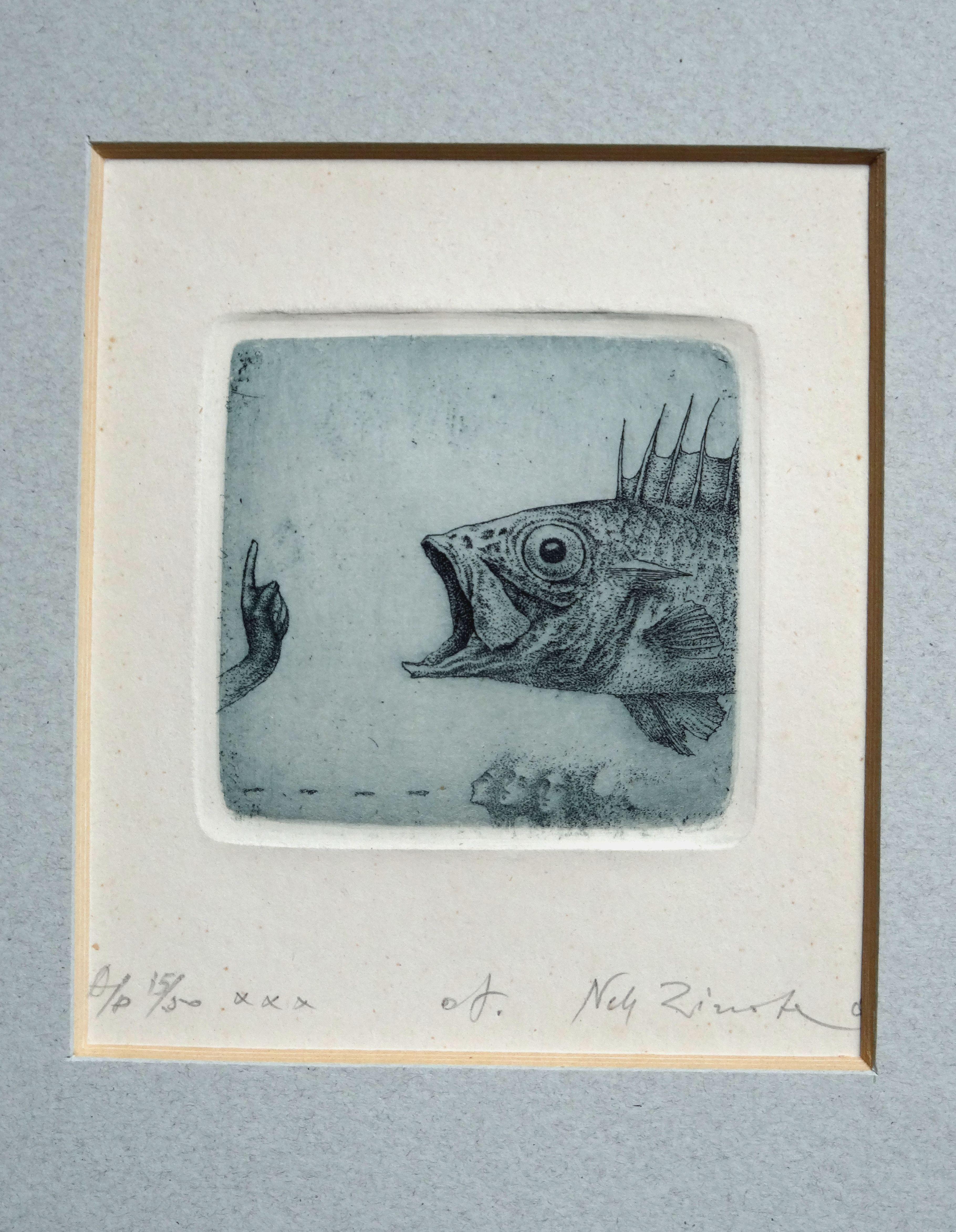 Fish. XXX. 15/30., Paper, etching, 10x9 cm - Print by Nele Zirnite