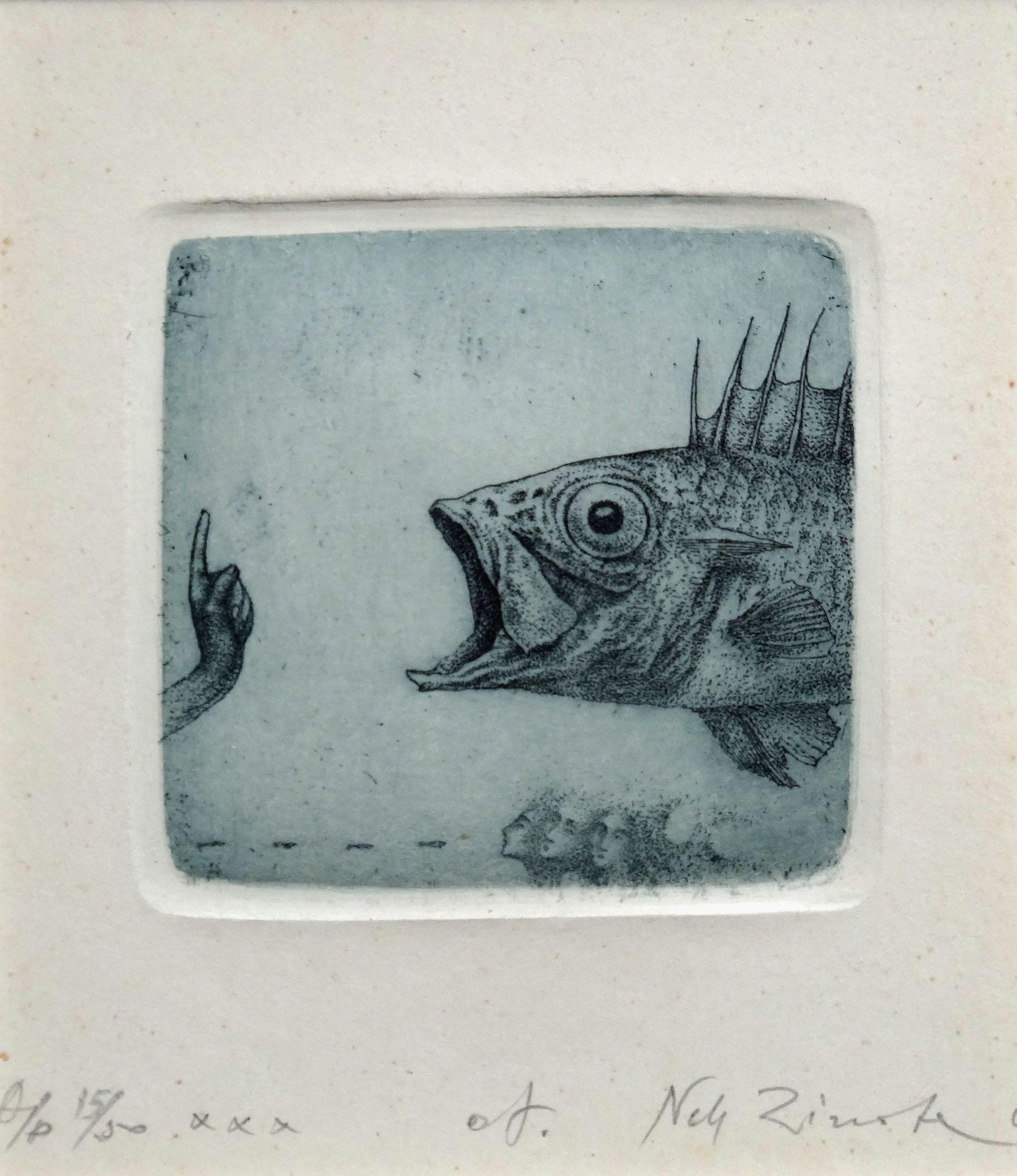 Nele Zirnite Figurative Print - Fish. XXX. 15/30., Paper, etching, 10x9 cm