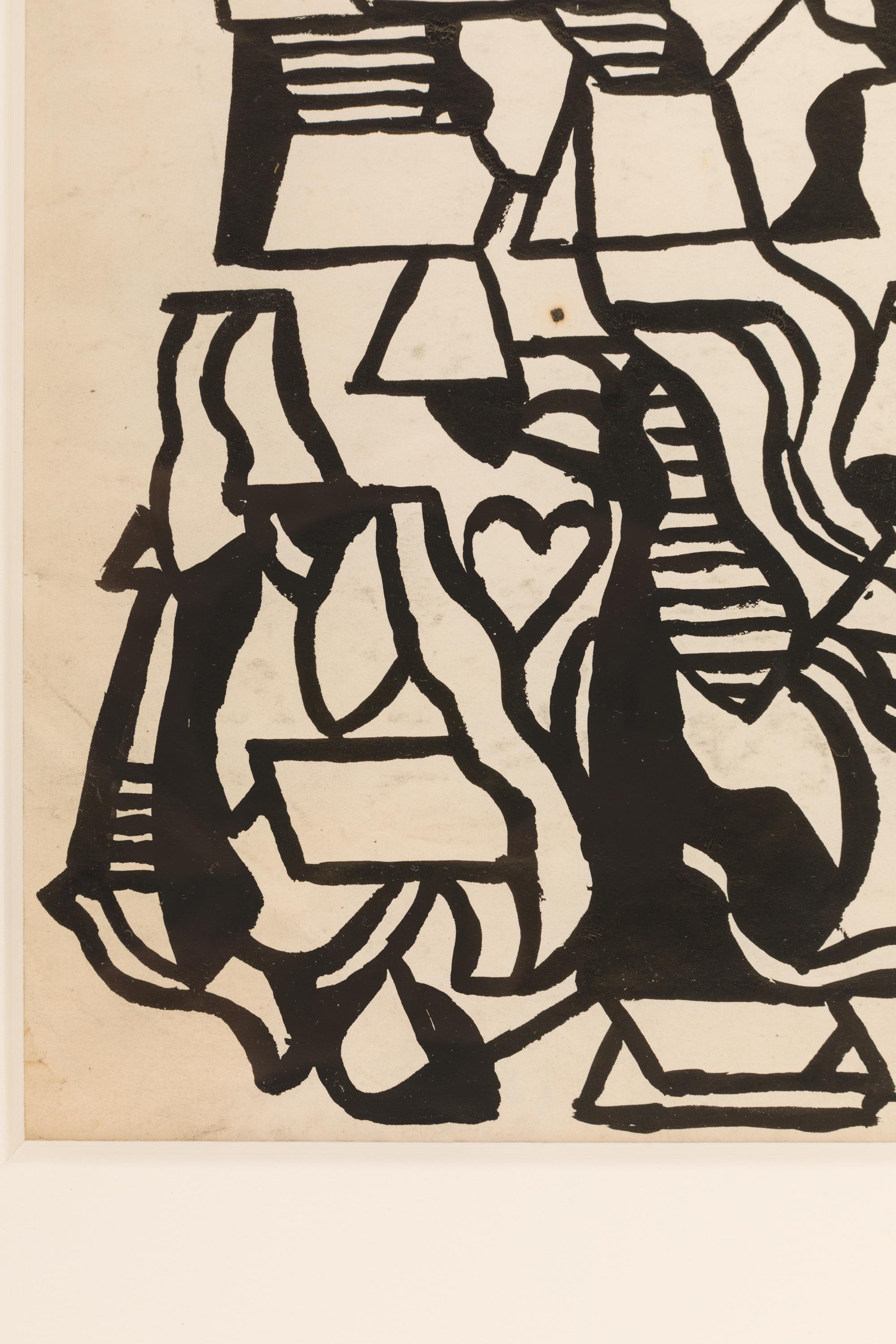 Mid-20th Century Nell Blaine Abstract Ink Drawing on Paper, USA, 1940s For Sale