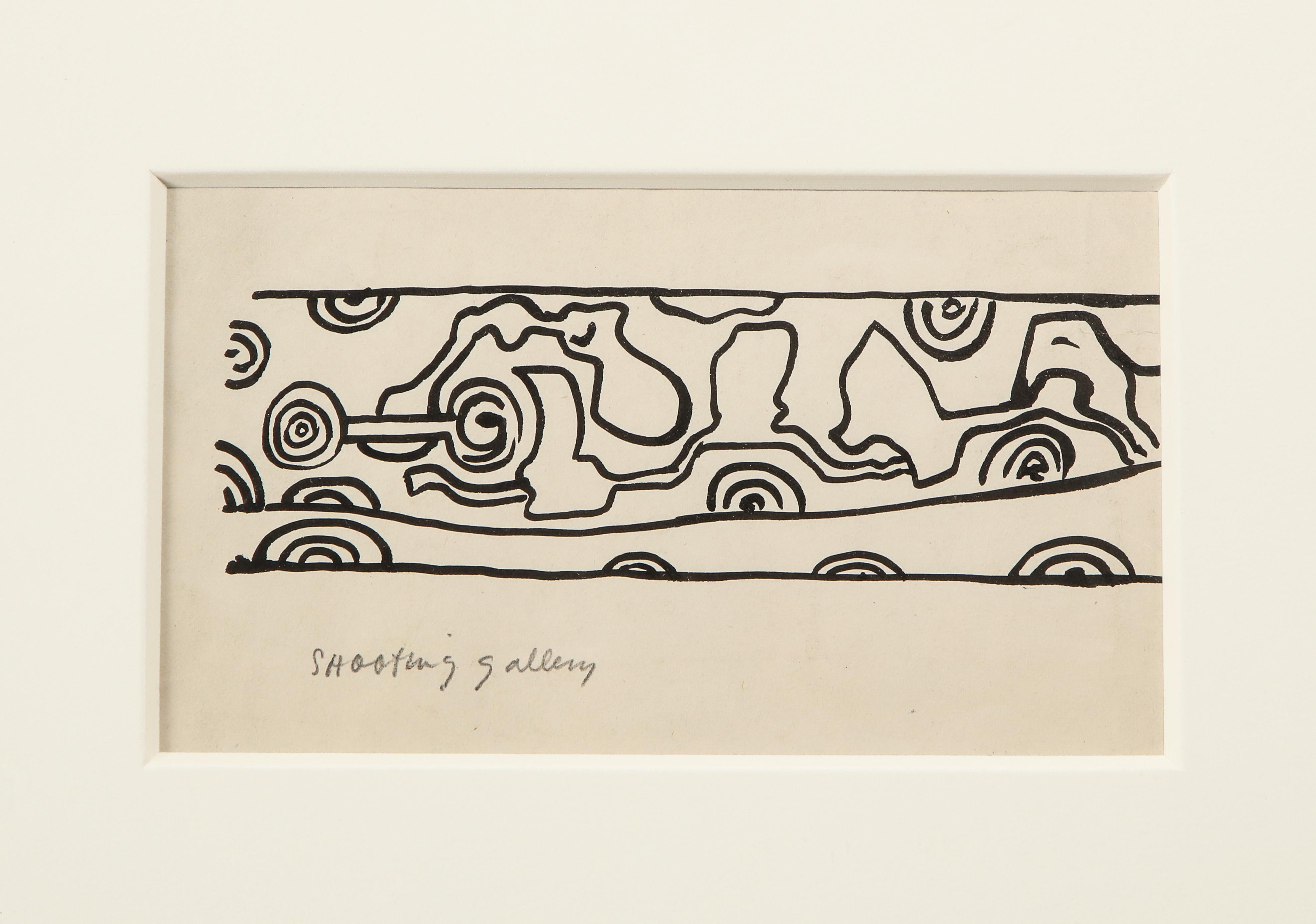 Nell Blaine Schwarz-Weiß-Tintezeichnung auf Papier „Shooting Gallery“, USA 1940er Jahre (amerikanisch) im Angebot