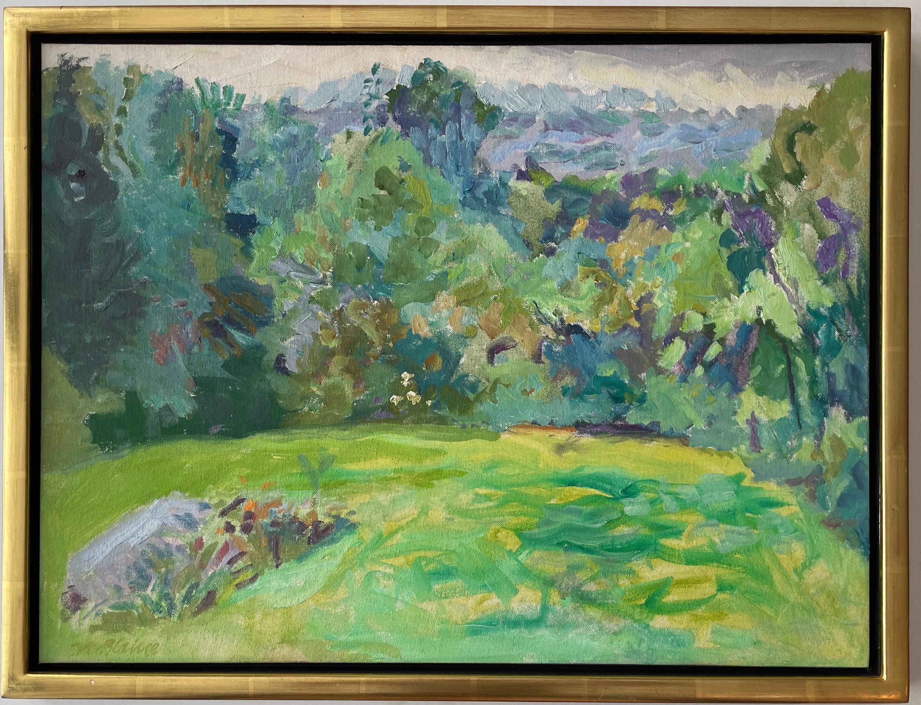 This work by Nell Blaine was exhibited at the Poindexter Gallery, as well as the Tibor de Nagy Gallery, both in New York City. It is signed lower left, and signed, titled, and dated verso. Stamped with artist's riverside drive stamp. Annotated with