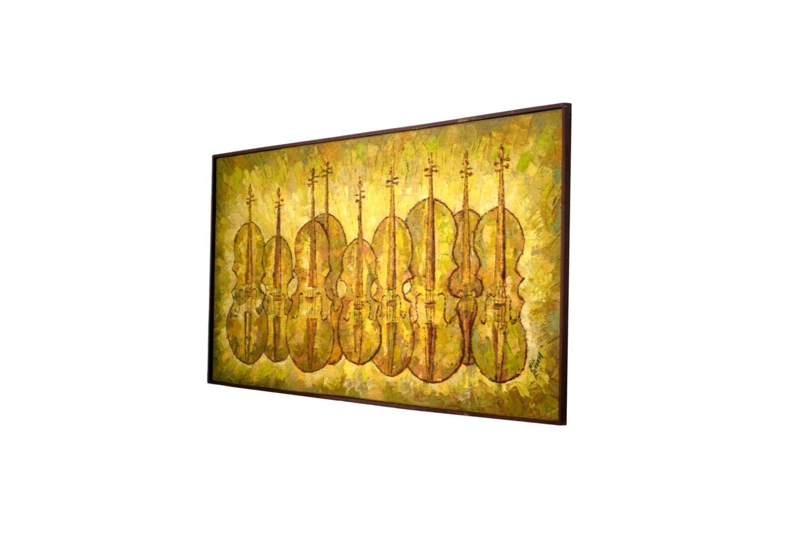 A unique Mid-Century Modern oil painting on burlap depicting an artful display of violins by Nell LaMarsh. Signed bottom right as well as verso. Dated 1966. A lively composition that would be an ideal accent for a modern musical themed room. Nell