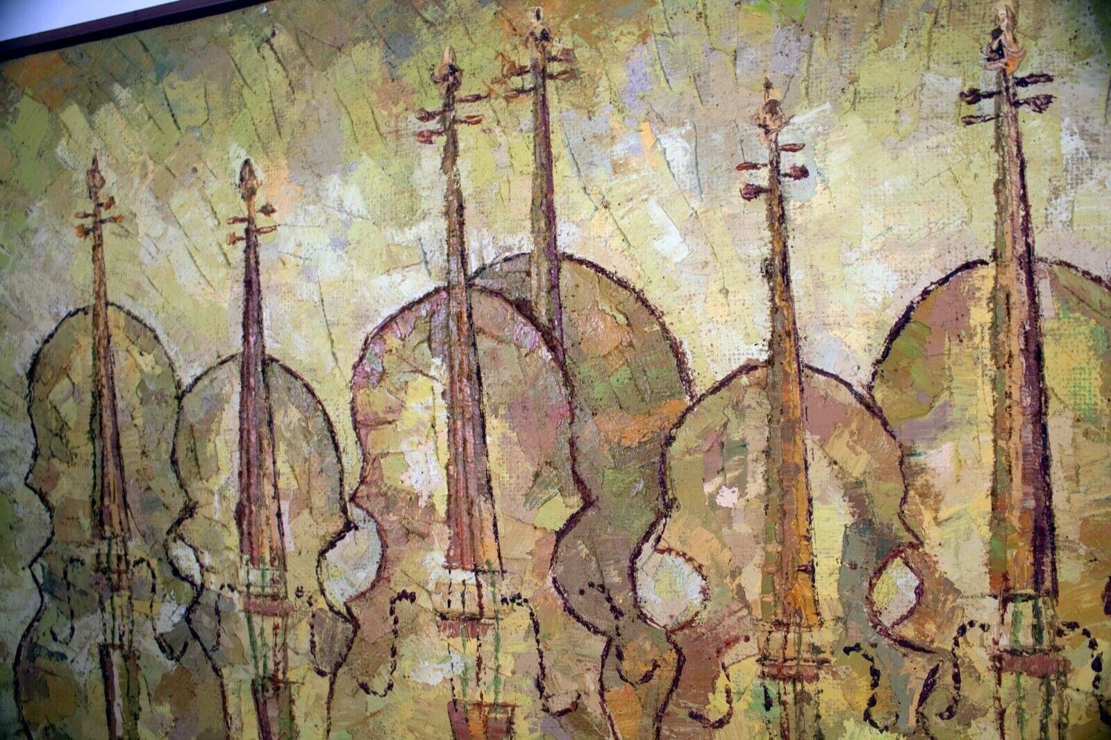 Nell Lamarsh Signed Mid-Century Modern Violin Oil Painting on Canvas Framed 1966 In Good Condition In Keego Harbor, MI