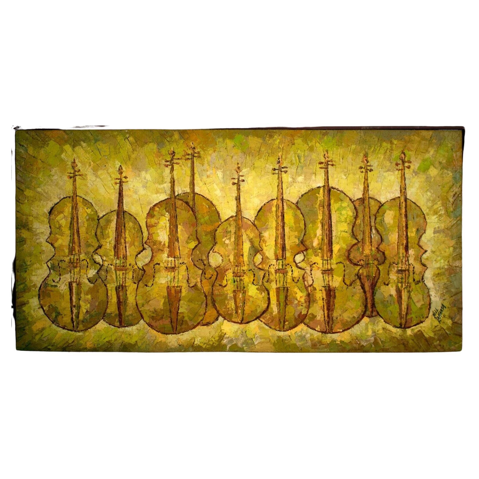 Nell Lamarsh Signed Mid-Century Modern Violin Oil Painting on Canvas Framed 1966