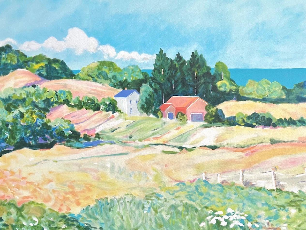 Pastell-Landschaft: Impressionistisches Bauernhaus, signierte Lithographie, moderner Monet-Stil – Print von Nell Revel-Smith