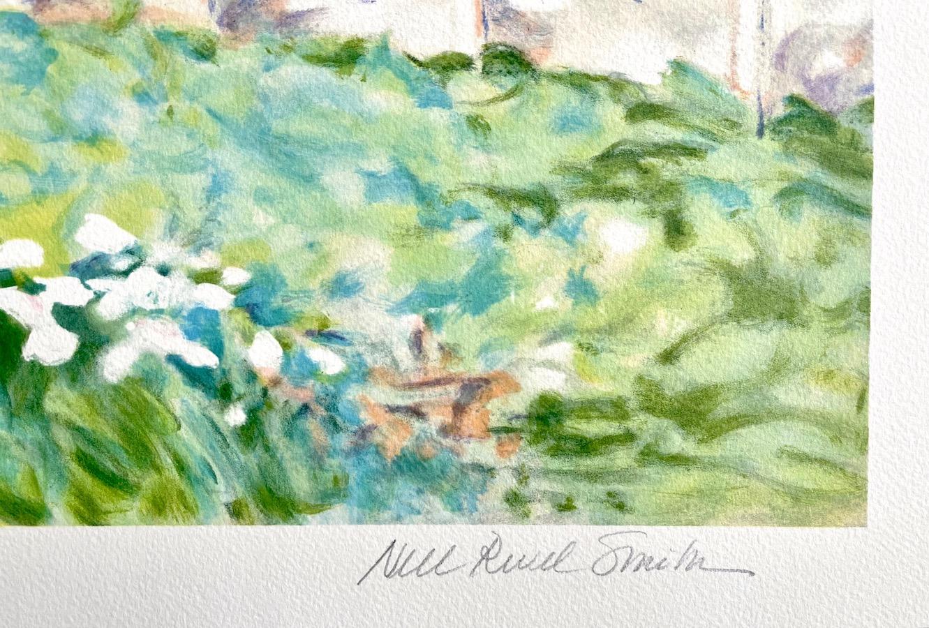Pastel Landscape : Impressionist Farmhouse est une lithographie originale dessinée à la main (pas de reproduction numérique ou photographique) en édition limitée de l'artiste américaine Nell Revel Smith de Leland, Michigan. Imprimé en utilisant des