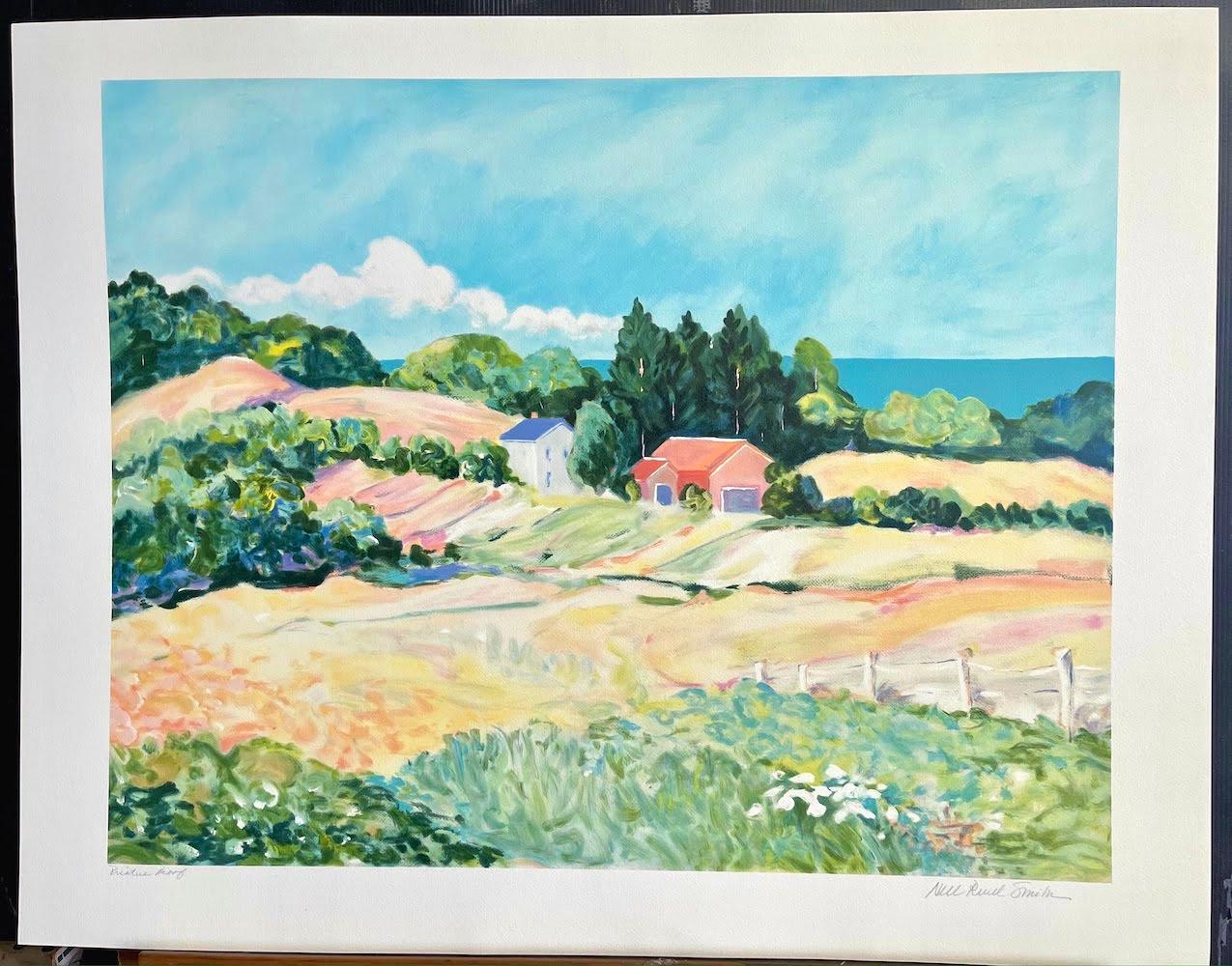 Paysage au Pastel : ferme impressionniste, lithographie signée de style Monet  en vente 1