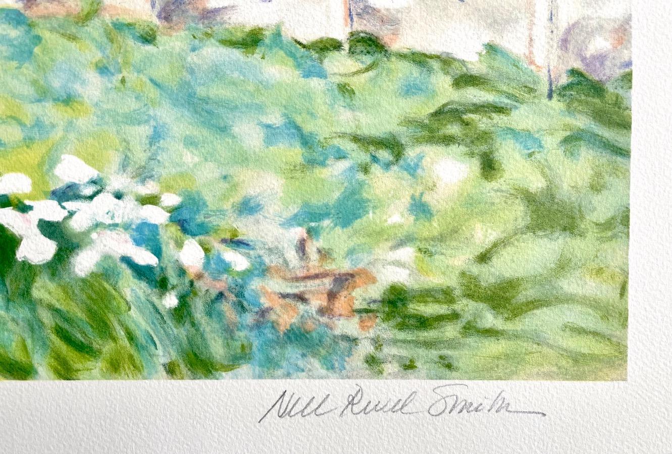 Pastell-Landschaft: Impressionistisches Bauernhaus ist eine original handgezeichnete (nicht digital oder fotoreproduzierte) Lithographie in limitierter Auflage der amerikanischen Künstlerin Nell Revel Smith aus Leland, Michigan. Gedruckt in
