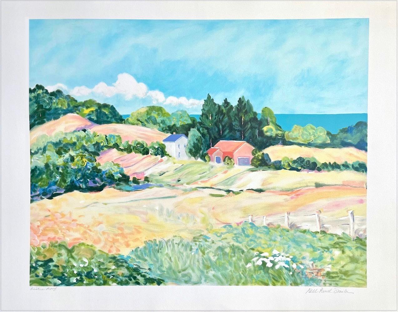 Pastell-Landschaft: Impressionistisches Bauernhaus, signierte Lithographie, moderner Monet-Stil 