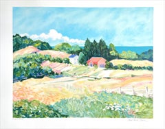 Pastell-Landschaft: Impressionistisches Bauernhaus, signierte Lithographie, moderner Monet-Stil
