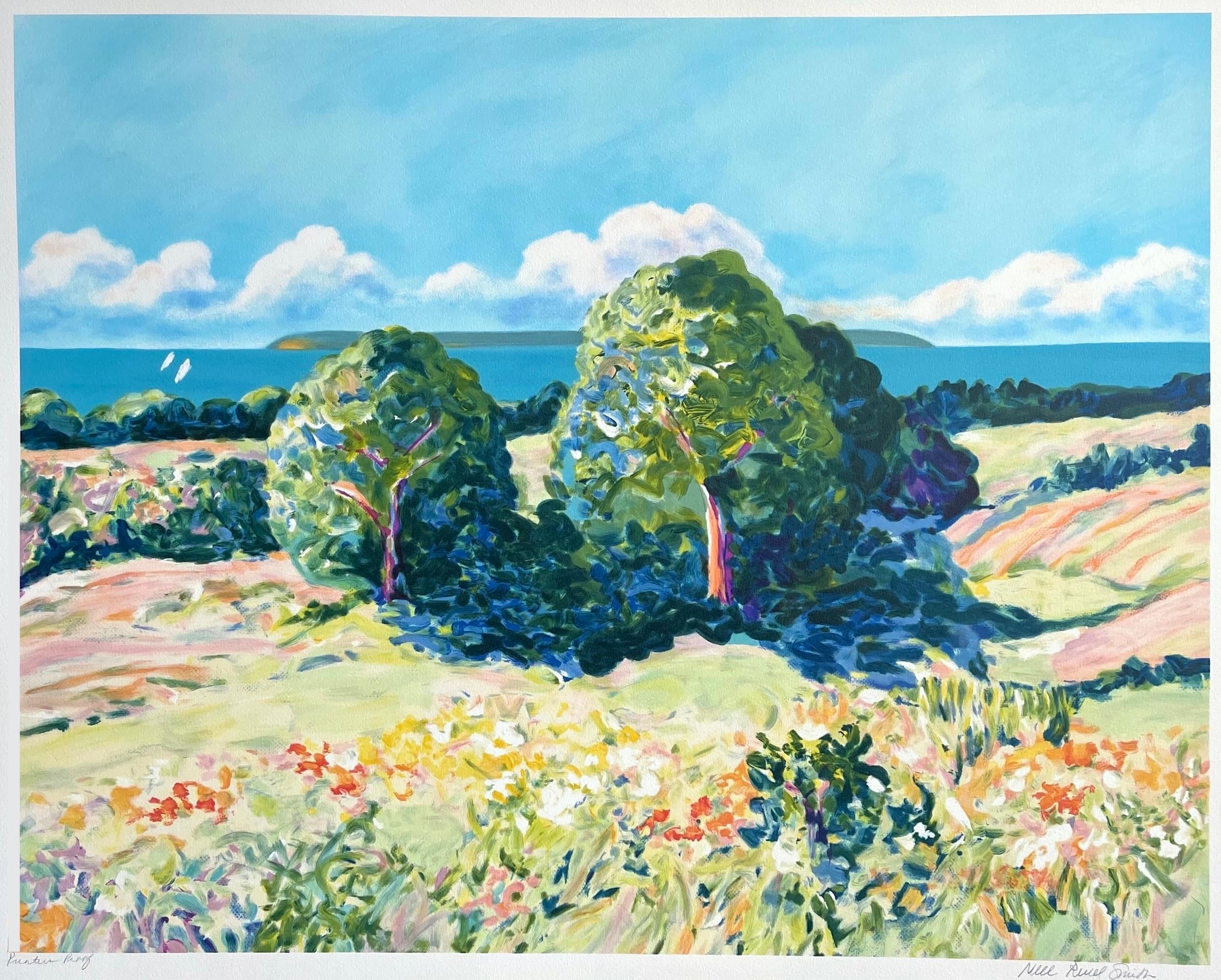 Pastell-Landschaft: Impressionistische Bäume, handgezeichnete Lithographie im Stil von Monet – Print von Nell Revel-Smith