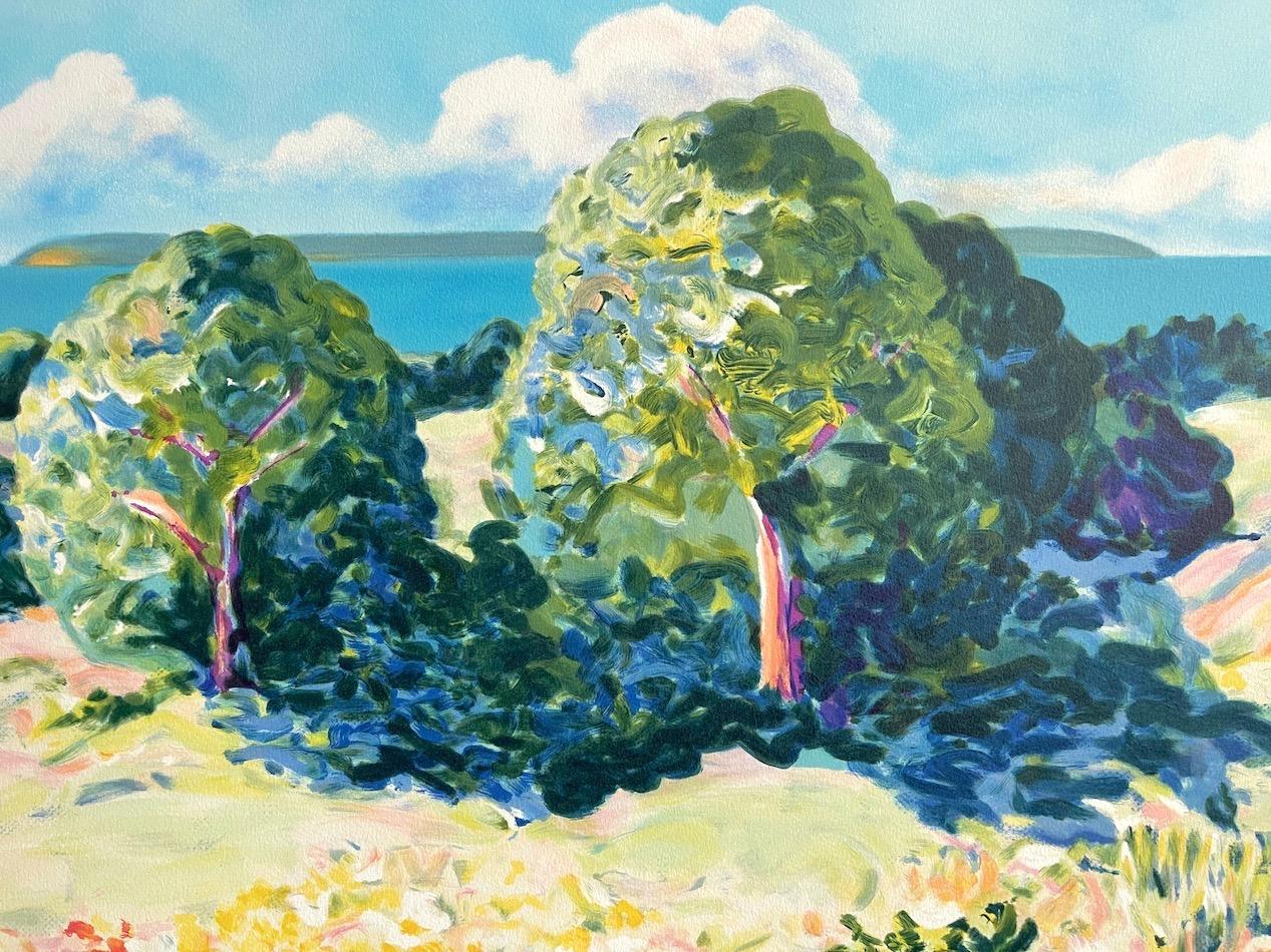 Pastell-Landschaft: Impressionistische Bäume, handgezeichnete Lithographie im Stil von Monet (Impressionismus), Print, von Nell Revel-Smith