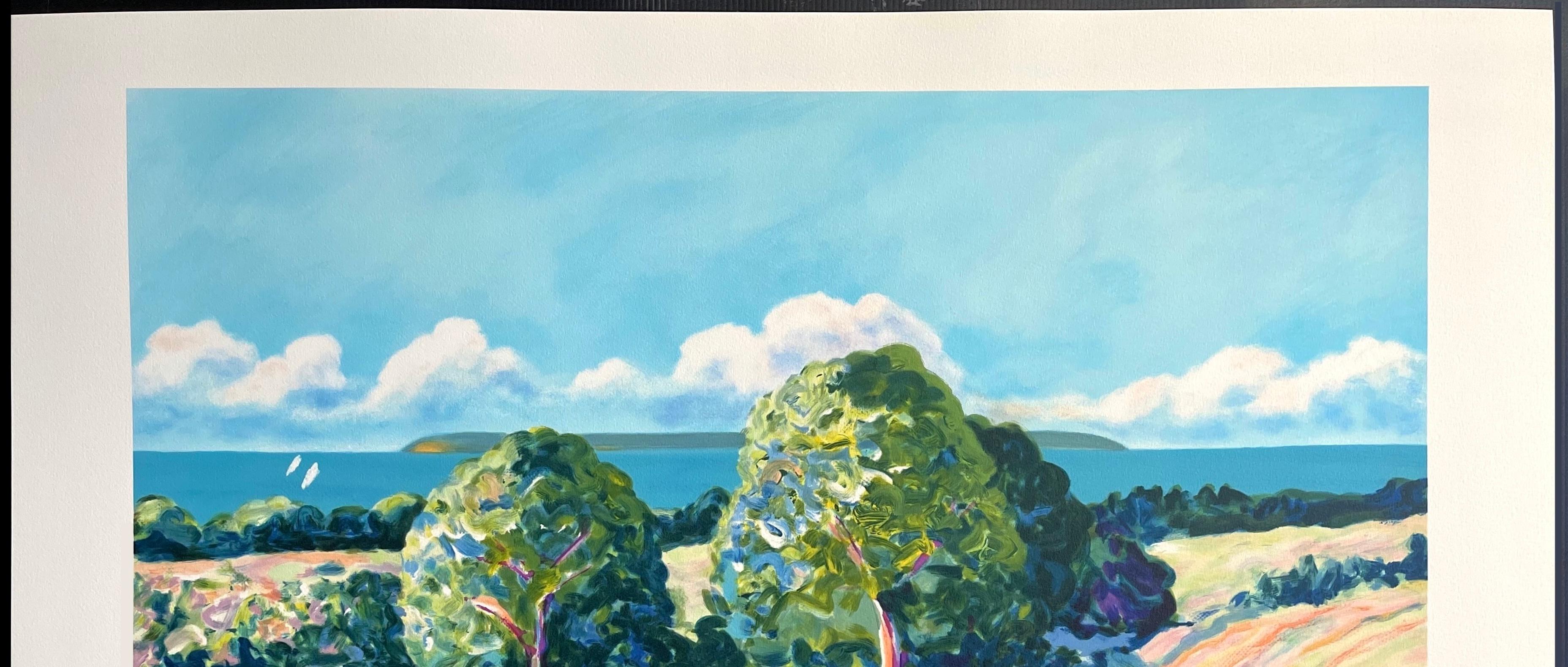 Pastell-Landschaft: Impressionistische Bäume, handgezeichnete Lithographie im Stil von Monet (Blau), Landscape Print, von Nell Revel-Smith