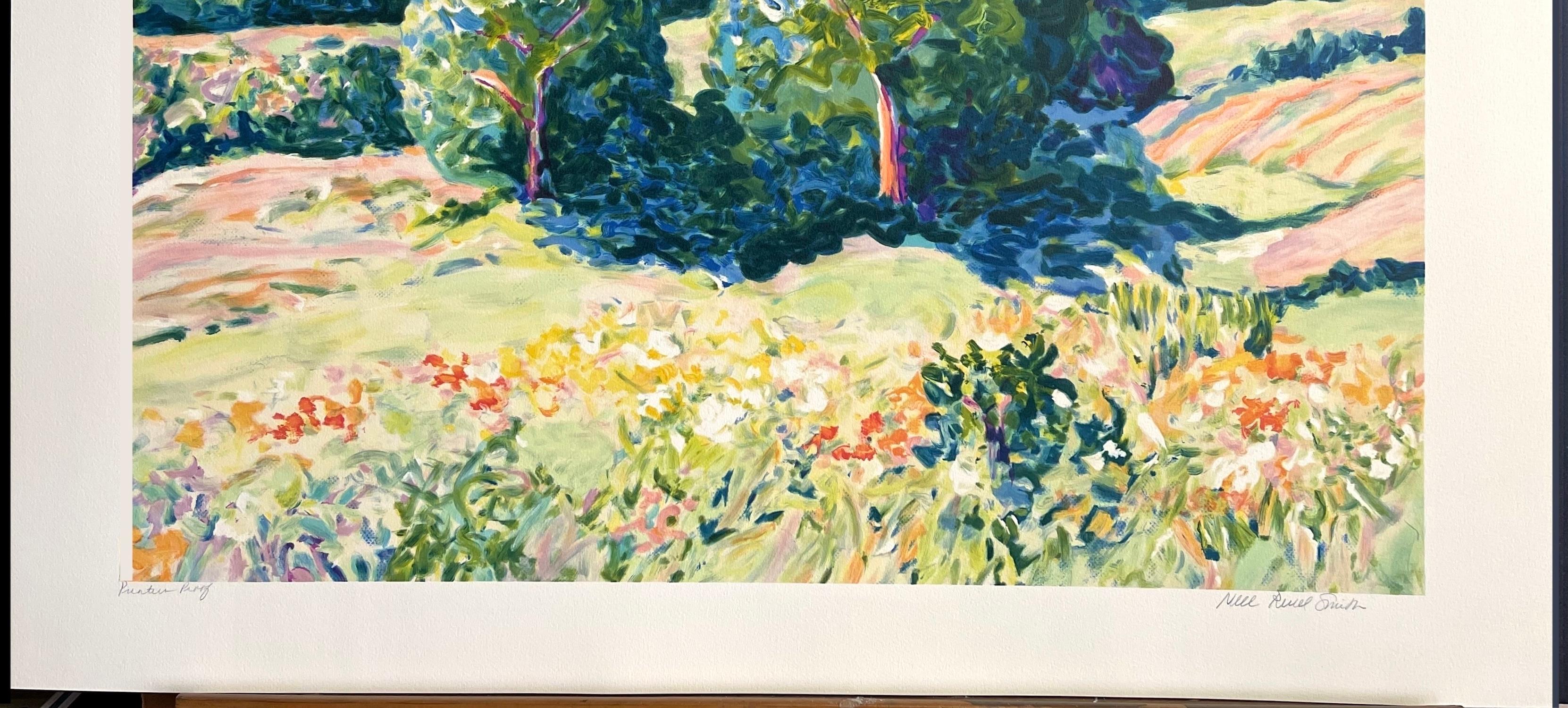 Pastell Landschaft: Impressionistische Bäume ist eine original handgezeichnete (nicht digital oder fotoreproduzierte) Lithographie in limitierter Auflage von der amerikanischen Künstlerin Nell Revel Smith aus Leland, Michigan. Gedruckt in