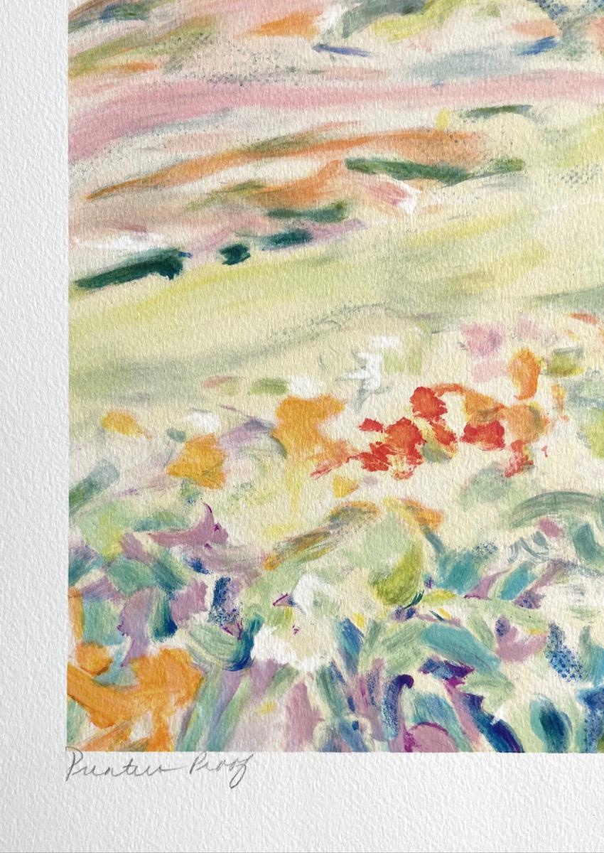 Pastell-Landschaft: Impressionistische Bäume, handgezeichnete Lithographie im Stil von Monet im Angebot 1