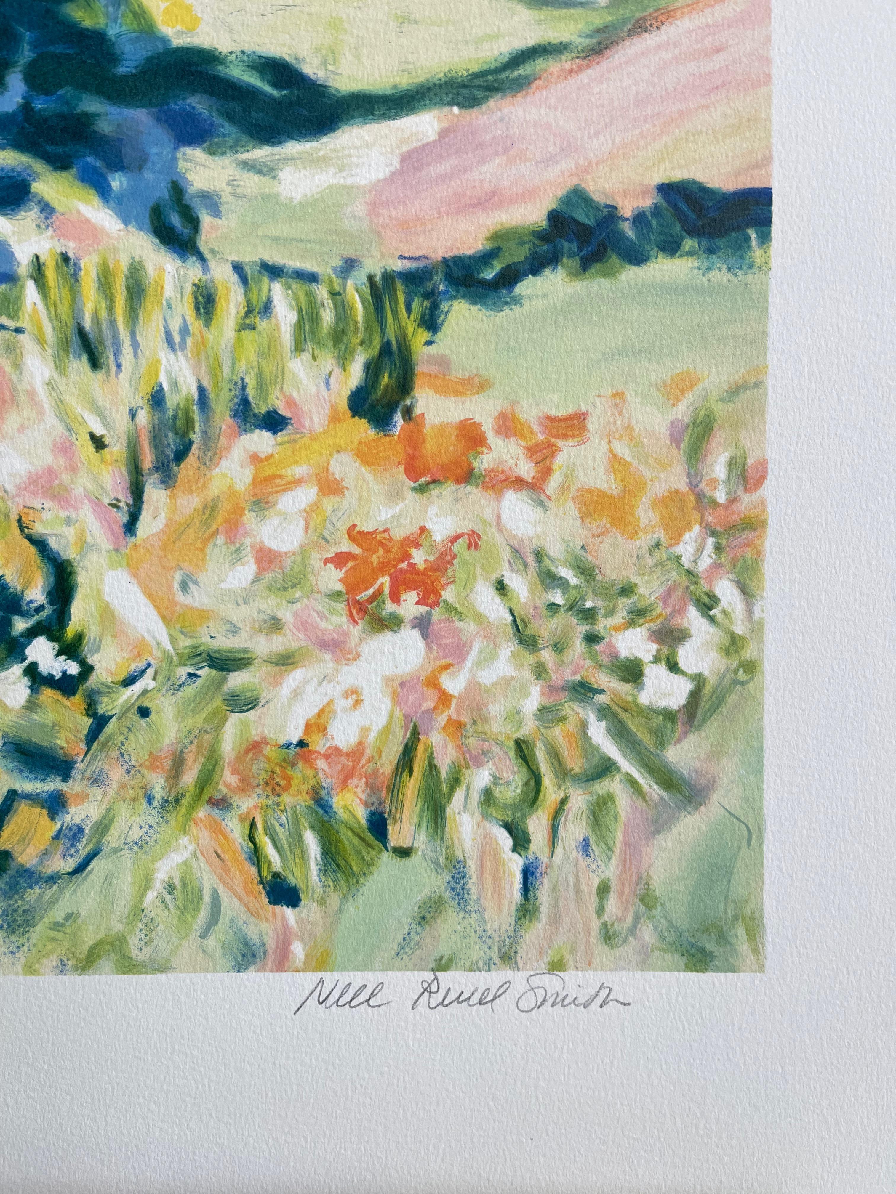 Pastell-Landschaft: Impressionistische Bäume, handgezeichnete Lithographie im Stil von Monet im Angebot 2