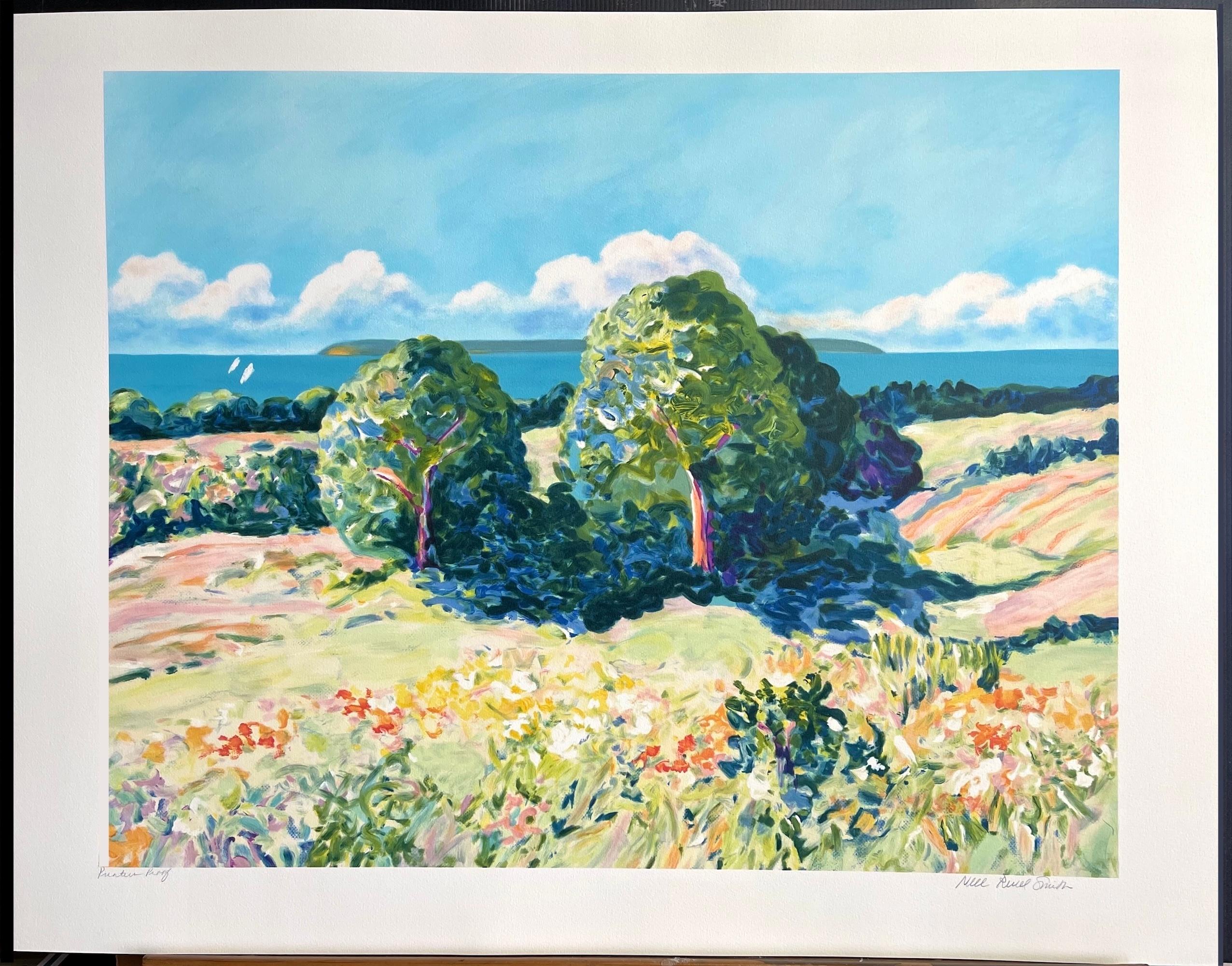Pastell-Landschaft: Impressionistische Bäume, handgezeichnete Lithographie im Stil von Monet im Angebot 3
